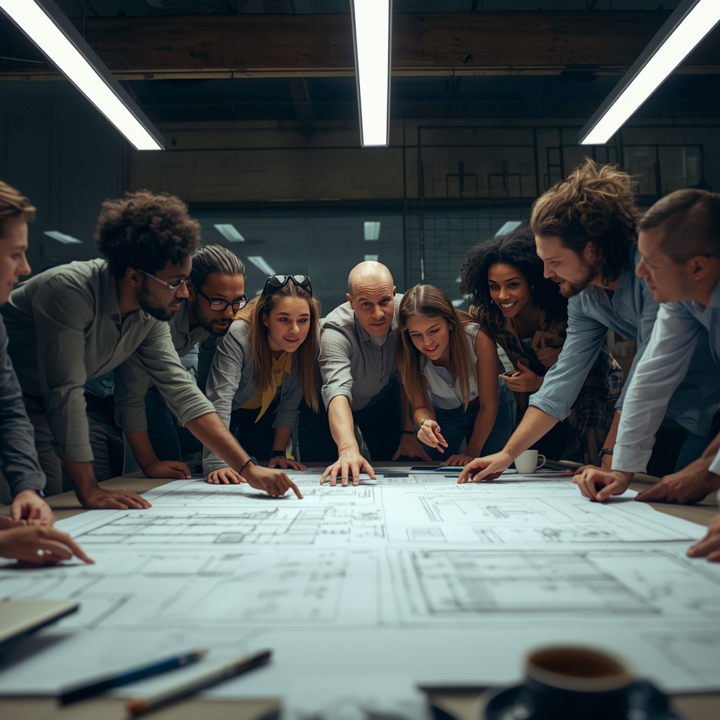 Creative team discussing strategies over blueprints